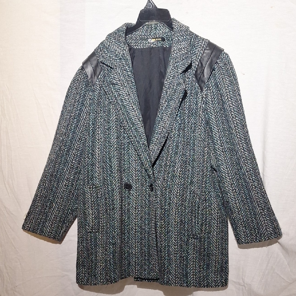 Vintage Wool Herringbone Pea Coat, Double Breasted, Leather Details, Sz 20, NWOT